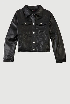 Girls Faux Leather Button Front Jacket, Black, Size 7-8