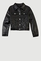 Girls Faux Leather Button Front Jacket, Black, Size 7-8