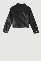Girls Faux Leather Button Front Jacket, Black, Size 7-8