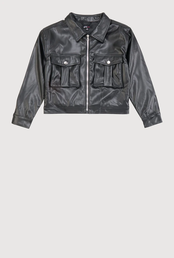Girls Faux Leather Zip Front Jacket, Black,