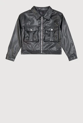 Girls Faux Leather Zip Front Jacket, Black,