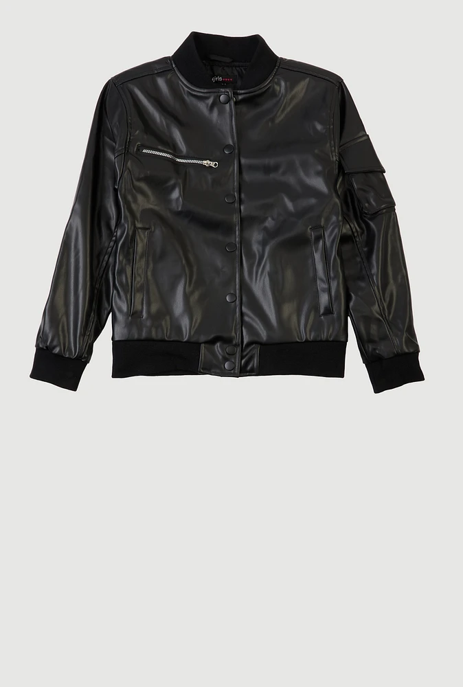 Girls Faux Leather Snap Button Bomber Jacket, Black, Size 10-12