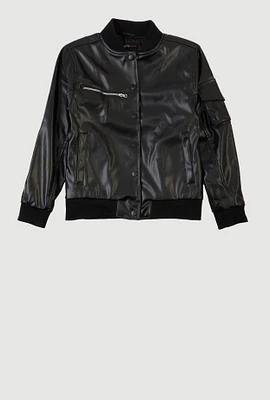 Girls Faux Leather Snap Button Bomber Jacket, Black, Size 10-12