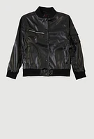 Girls Faux Leather Snap Button Bomber Jacket, Black, Size 10-12