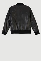 Girls Faux Leather Snap Button Bomber Jacket, Black, Size 10-12