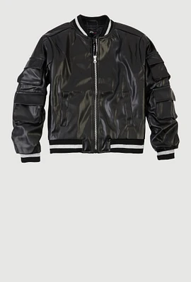 Girls Faux Leather Cargo Bomber Jacket, Black, Size 10-12