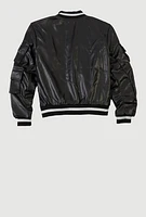 Girls Faux Leather Cargo Bomber Jacket, Black, Size 10-12