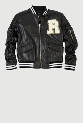 Girls R Initial Chenille Patch Varsity Jacket, Black, Size 7-8
