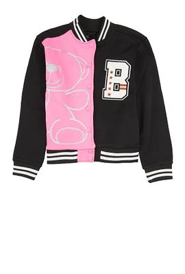 Girls Color Block Chenille Patch Bomber Jacket, Black, Size 14-16