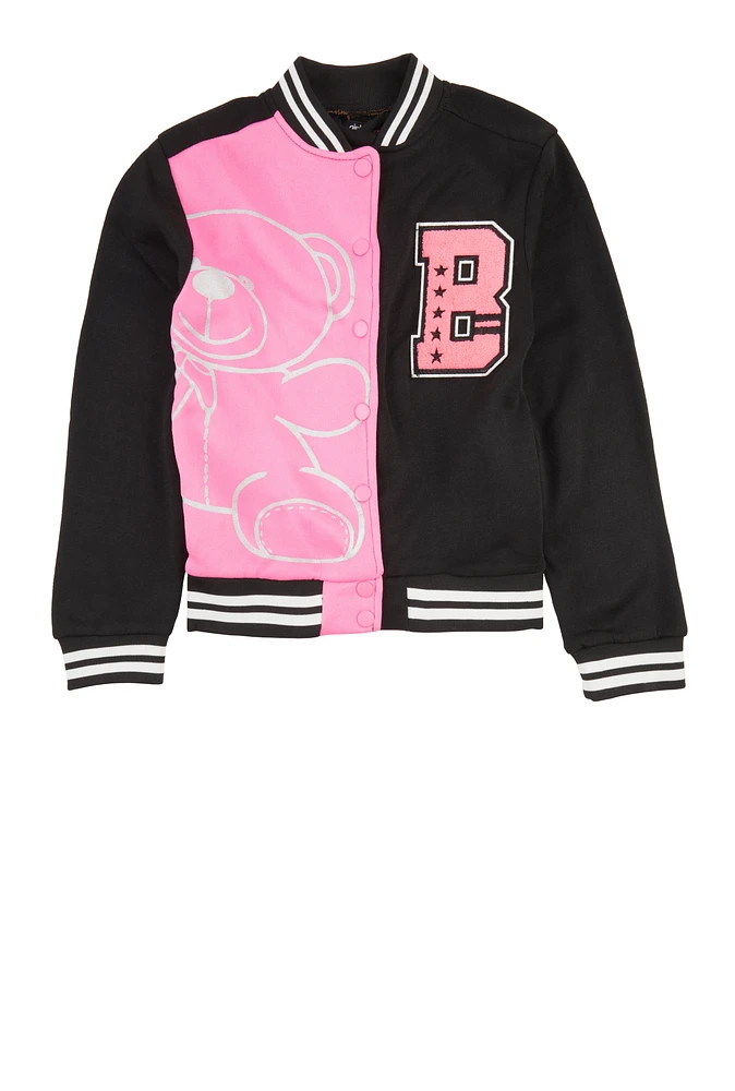 Girls Color Block Chenille Patch Bomber Jacket, Black,