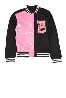 Girls Color Block Chenille Patch Bomber Jacket, Black, Size 10-12