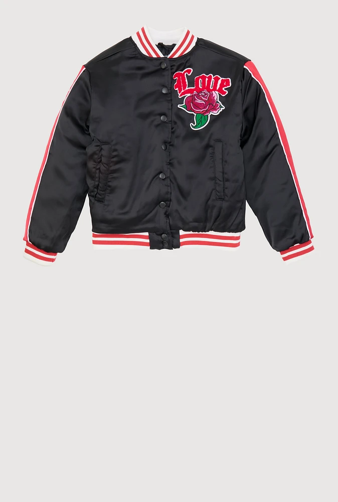 Girls Satin Love Chenille Patch Bomber Jacket,