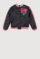 Girls Satin Love Chenille Patch Bomber Jacket,