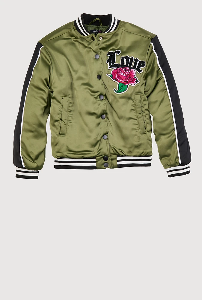 Girls Satin Love Chenille Patch Bomber Jacket, Green,