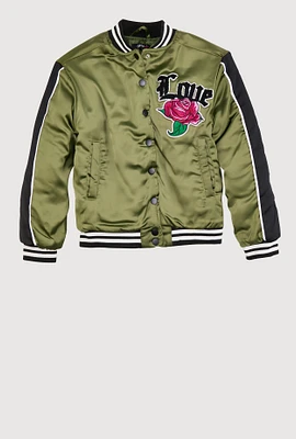 Girls Satin Love Chenille Patch Bomber Jacket, Green, Size 7-8