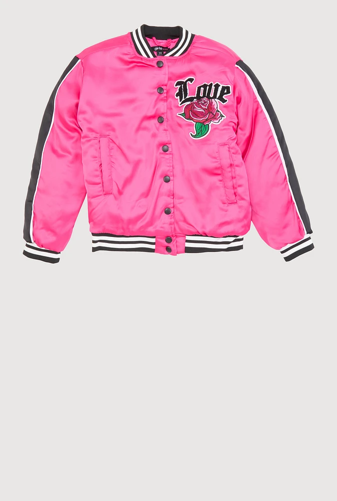 Girls Satin Love Chenille Patch Bomber Jacket, Pink, Size 10-12