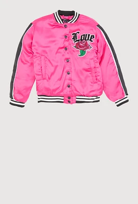 Girls Satin Love Chenille Patch Bomber Jacket, Pink, Size 10-12