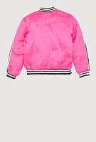 Girls Satin Love Chenille Patch Bomber Jacket, Pink, Size 10-12