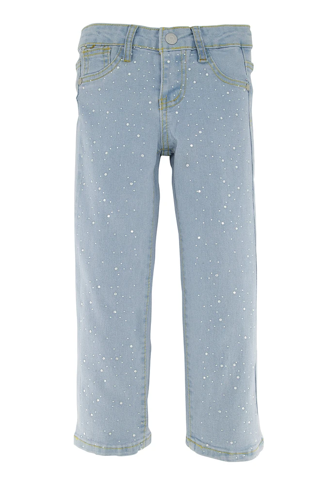 Little Girls Rhinestone Studded Front Jeans, Blue, Size 6