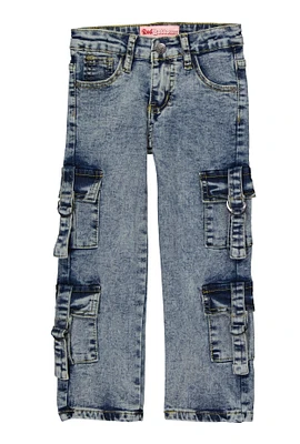 Little Girls Acid Wash Tabbed Cargo Pocket Jeans, Blue, Size 6