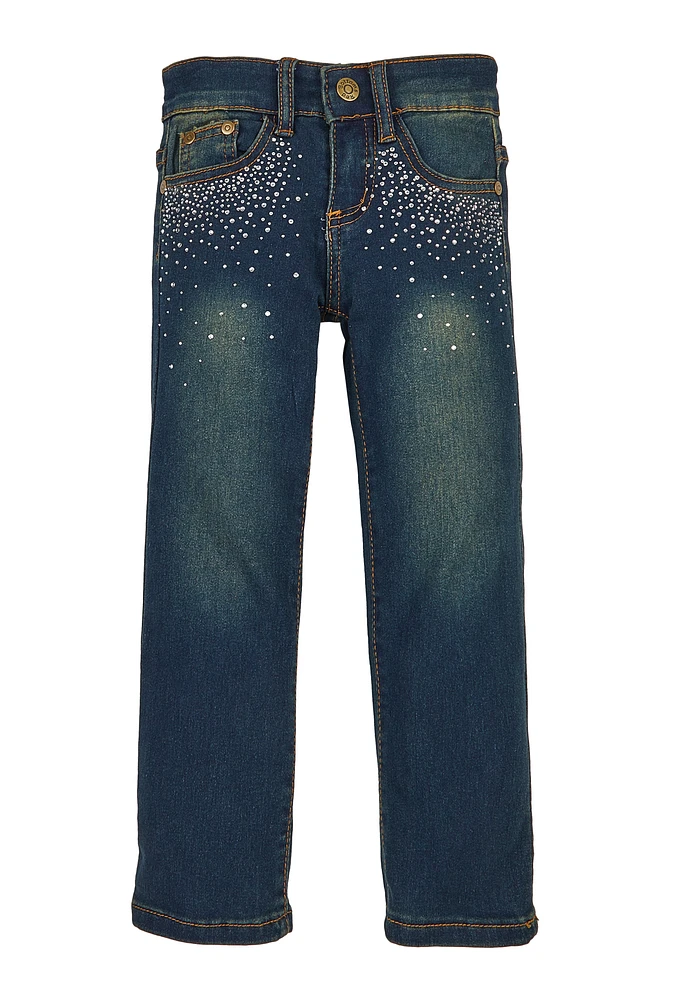 Little Girls Rhinestone Straight Leg Jeans, Blue, Size 4