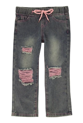 Little Girls Drawstring Distressed Jeans, Blue, Size 4