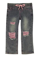 Little Girls Drawstring Distressed Jeans, Blue, Size 4