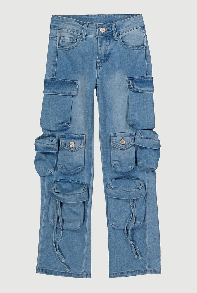 Girls VIP Tassel Cargo Jeans, Blue, Size 8