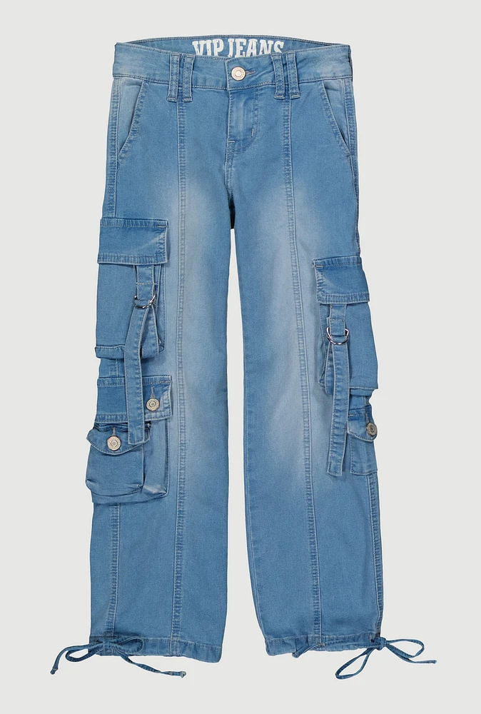Girls VIP Drawstring Hem Cargo Jeans, Blue, Size 12