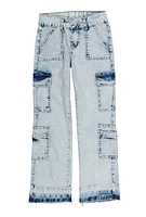 Girls VIP Acid Wash Cargo Jeans, Blue,