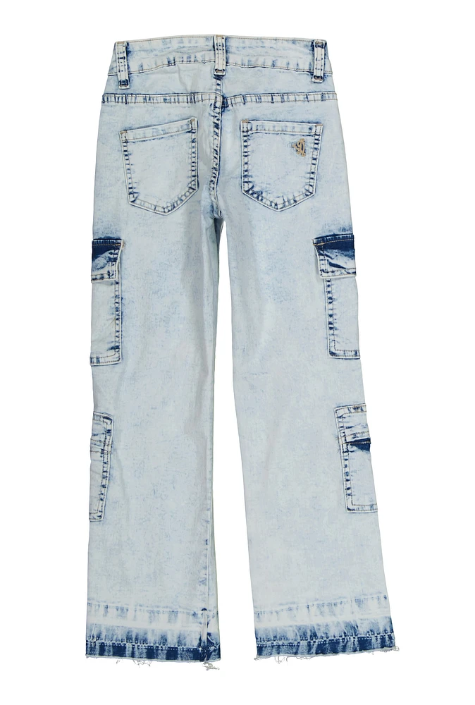 Girls VIP Acid Wash Cargo Jeans, Blue, Size 7