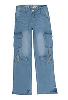 Girls VIP Zipper Detail Cargo Wide Leg Jeans, Blue, Size 16