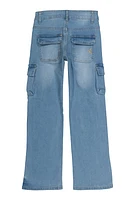 Girls VIP Zipper Detail Cargo Wide Leg Jeans, Blue, Size 16