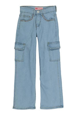 Girls Rhinestone Trim Cargo Jeans, Blue, Size 12