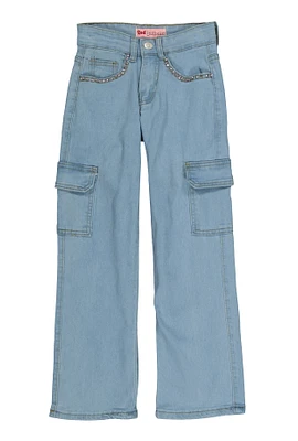 Girls Rhinestone Trim Cargo Jeans, Blue, Size 8