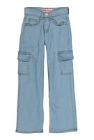 Girls Rhinestone Trim Cargo Jeans, Blue, Size 8