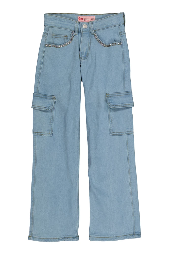 Girls Rhinestone Trim Cargo Jeans, Blue, Size 7