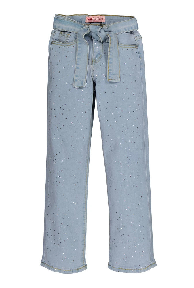 Girls Tie Waist Belted Rhinestone Studded Jeans, Blue,