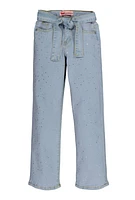 Girls Tie Waist Belted Rhinestone Studded Jeans, Blue, Size 10