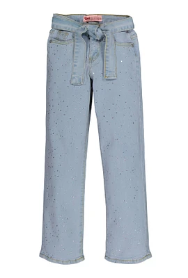 Girls Tie Waist Belted Rhinestone Studded Jeans, Blue,
