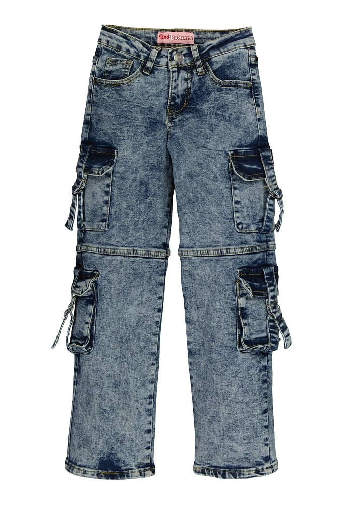 Girls Acid Wash Cargo Pocket Jeans, Blue,