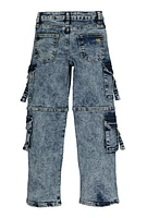 Girls Acid Wash Cargo Pocket Jeans, Blue,