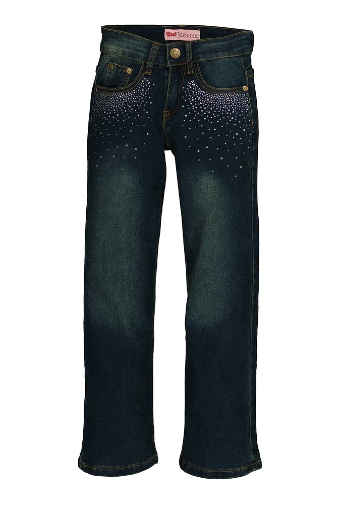 Girls Rhinestone Detail Straight Leg Jeans, Blue,