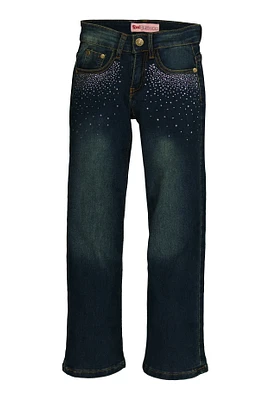 Girls Rhinestone Detail Straight Leg Jeans, Blue, Size 8