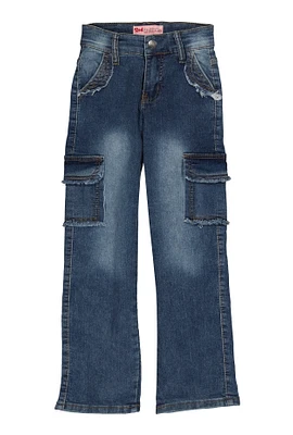 Girls Frayed Straight Leg Cargo Jeans, Blue, Size 8