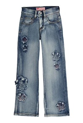 Girls Flower Frayed Jeans, Blue, Size 10