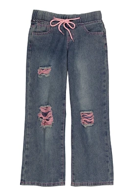 Girls Drawstring Distressed Jeans, Blue,