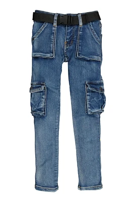 Girls Belted Skinny Leg Cargo Jeans, Blue, Size 16