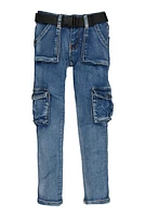 Girls Belted Skinny Leg Cargo Jeans, Blue, Size 12