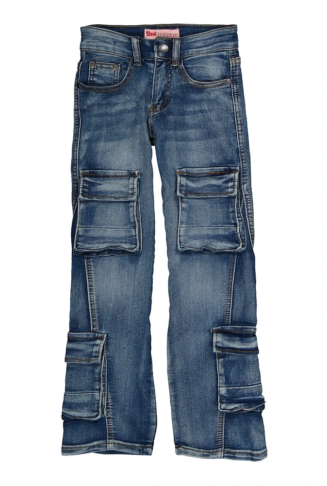 Girls Whiskered Cargo Wide Leg Jeans, Blue, Size 8